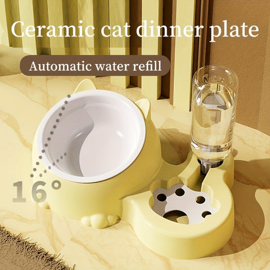 Cat Food Bowl, Elevated Cat Bowl, Automatic Water Dispenser, Anti-Overturn, Non-Slip, Round, Plastic Material, with Feeding and Watering Functionality, for Cat