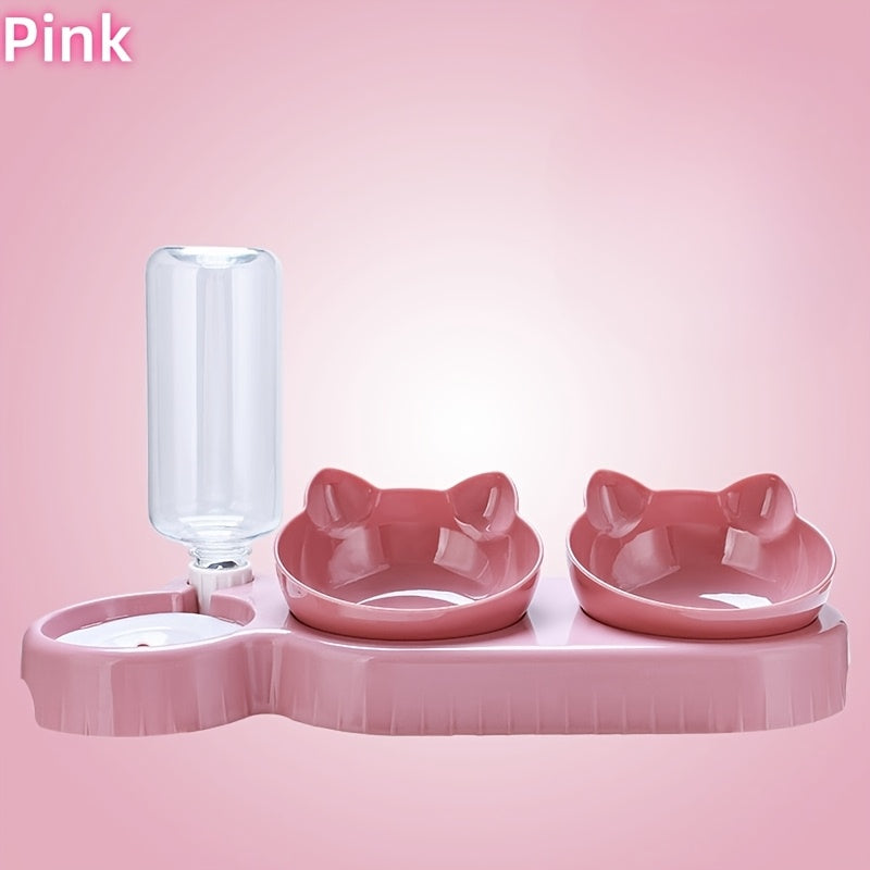 Dual Bowls Cat Feeder with Automatic Water Dispenser, Manual Gravity-Fed Pet Feeding Station, Plastic, Cat Ear Design