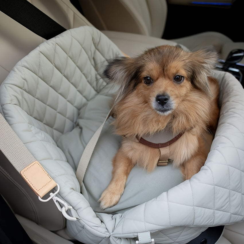 [Durable Polyester] Light Gray Quilted Pet Car Seat with Leash | Durable Polyester | Secure Straps & Adjustable Headrest Pillow | Pet Travel | Outdoor Adventures | Secure Pet Carrier