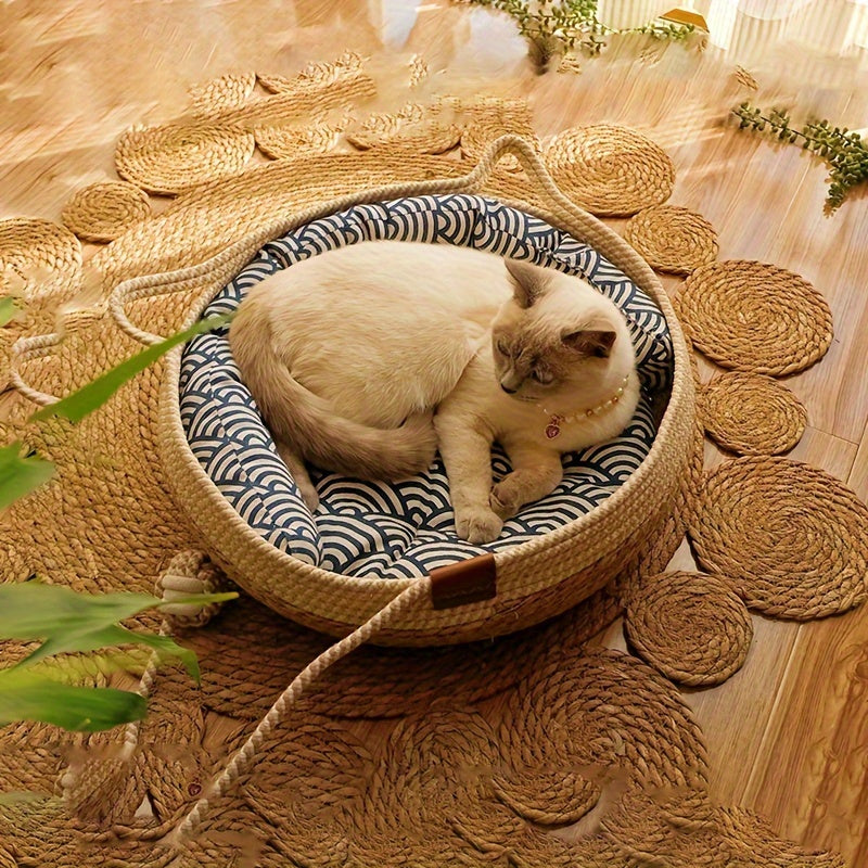 Vintage-Style Woven Cat Bed with Playful Ball - Durable, All-Season Pet Nest for Cats and Small Dogs