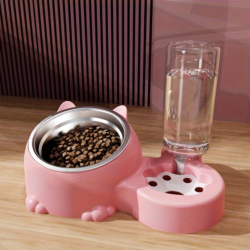 Cat Food Bowl, Elevated Cat Bowl, Automatic Water Dispenser, Anti-Overturn, Non-Slip, Round, Plastic Material, with Feeding and Watering Functionality, for Cat