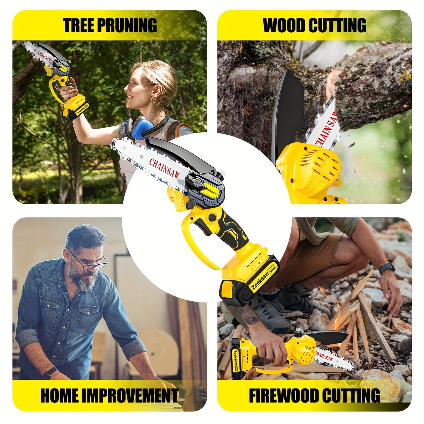 Zeeksaw 6-Inch Cordless Mini Chainsaw Kit with 2 Large Capacity Batteries, Pruning Saw, Security Lock, and Accessories - Ideal for Wood Cutting, Trimming & Woodworking, Includes Protective Gear, Valentine's Day Gift