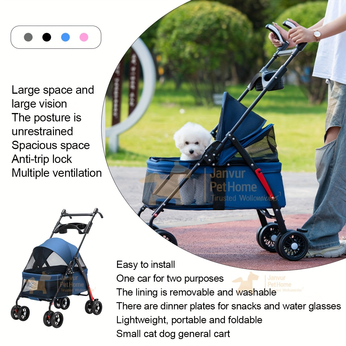 Foldable 4-Wheel Pet Stroller for Small to Medium Dogs (Up to 17KG/38LBS), Portable Dog Travel Carriage with Breathable Mesh Windows, Metal Frame And Durable Oxford Fabric, Pocket Design/Cup Holder- Ideal for Outdoor Adventures, Shopping, Walking