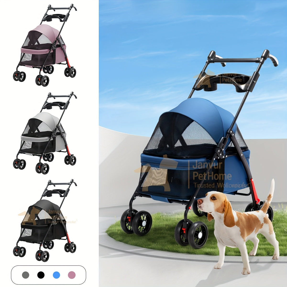 Foldable 4-Wheel Pet Stroller for Small to Medium Dogs (Up to 17KG/38LBS), Portable Dog Travel Carriage with Breathable Mesh Windows, Metal Frame And Durable Oxford Fabric, Pocket Design/Cup Holder- Ideal for Outdoor Adventures, Shopping, Walking