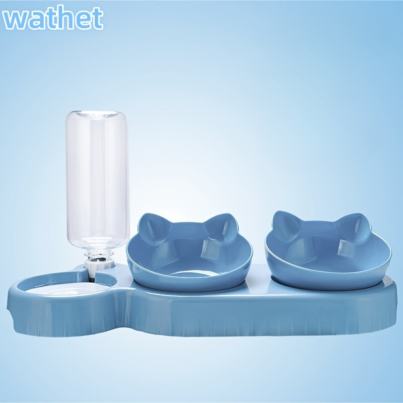 Dual Bowls Cat Feeder with Automatic Water Dispenser, Manual Gravity-Fed Pet Feeding Station, Plastic, Cat Ear Design