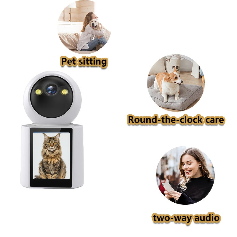 Home Pet Camera, a Home Camera with Built-In Screen, Equipped with Two-Way Audio, Night Vision, And Video Calling Functions, Used for Pet And Home Safety, Without Battery