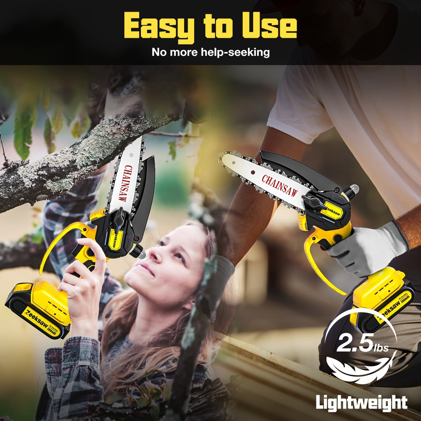 Zeeksaw 6-Inch Cordless Mini Chainsaw Kit with 2 Large Capacity Batteries, Pruning Saw, Security Lock, and Accessories - Ideal for Wood Cutting, Trimming & Woodworking, Includes Protective Gear, Valentine's Day Gift