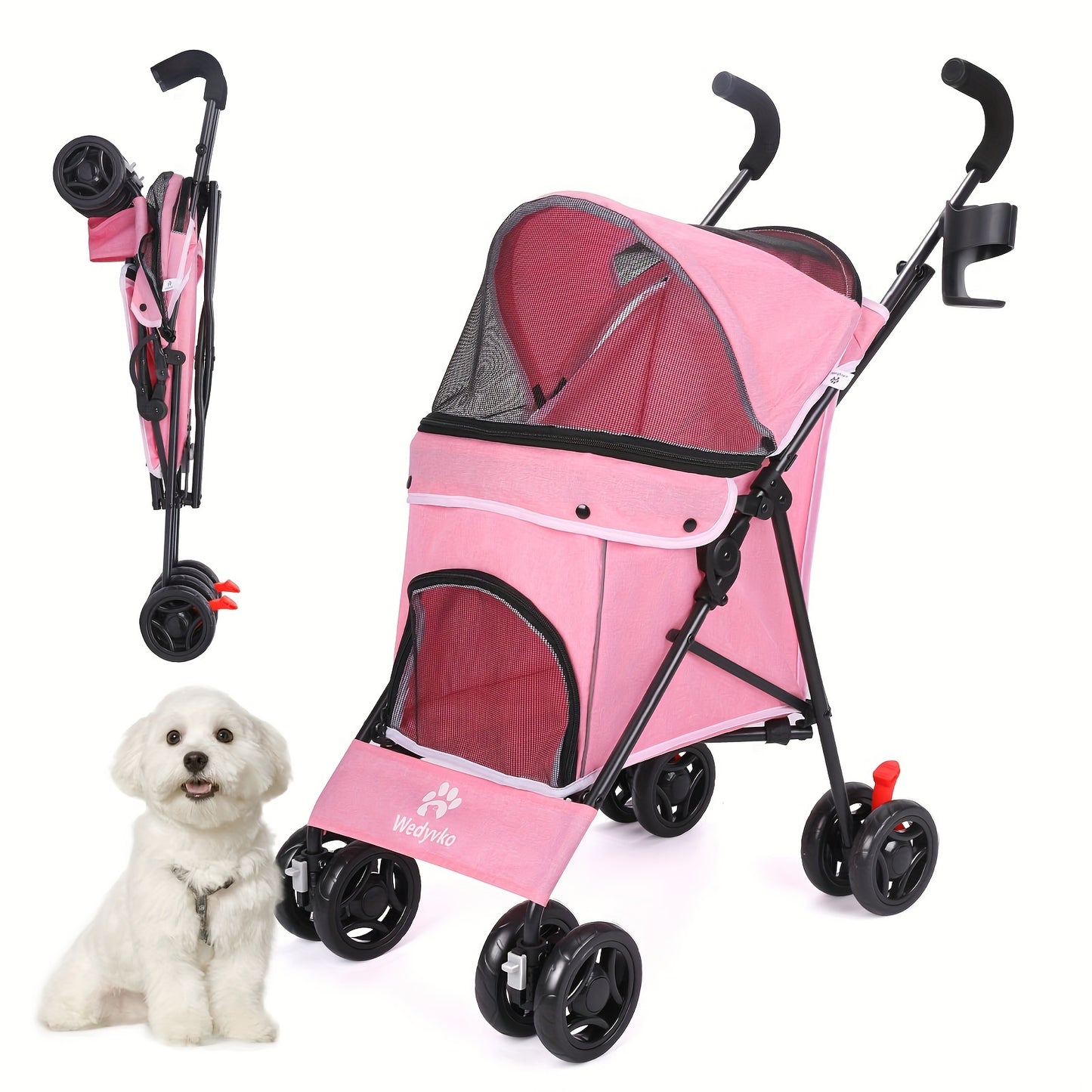 Collapsible Dog Stroller, Pet Stroller for Small and Medium Dogs and Cats, 4 Lockable Wheels, Detachable Cushion and Storage Basket, Cat Stroller Travel Carrier Stroller
