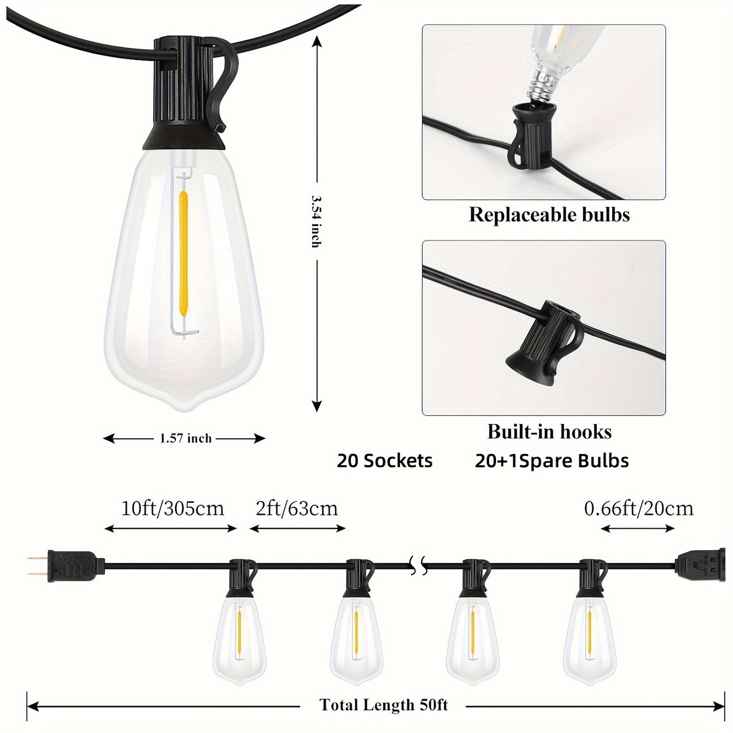 150FT LED Outdoor String Lights, Patio Deck Lights With 60+2 Shatterproof ST38 Edison Bulbs, Dimmable Warm White Outside Hanging Lights Connectable For Yard Backyard Porch Garden (Optional 50FT)