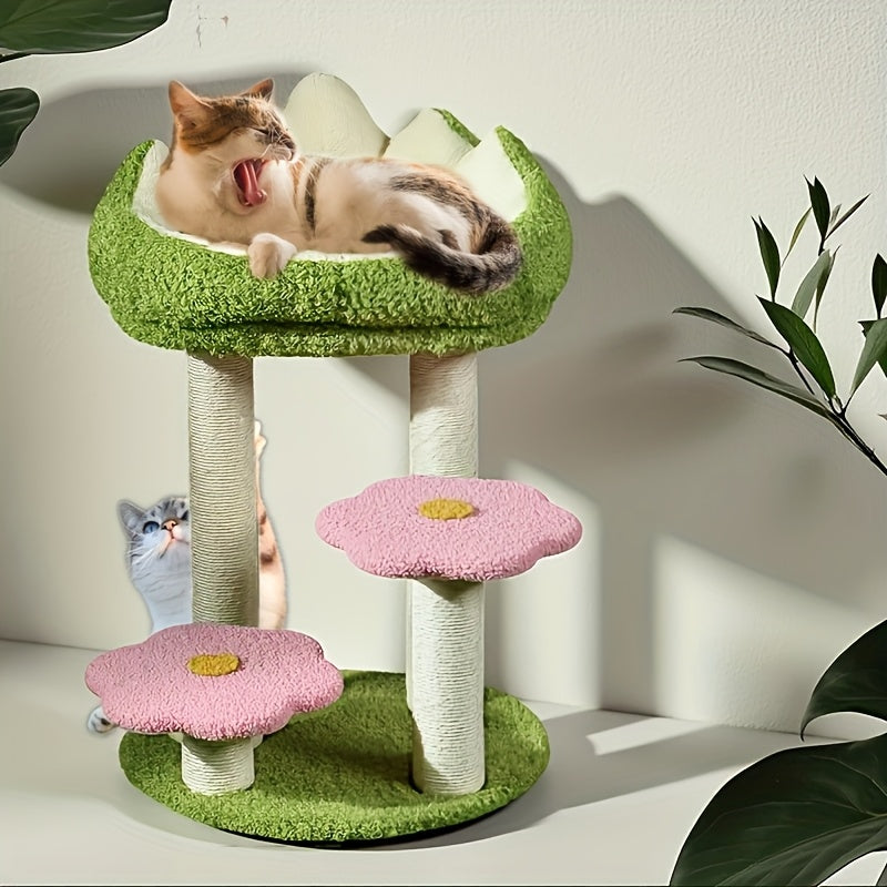 Charming Wooden Cat Tree Tower with Scratching Posts, Cozy Condo & Plush Mushroom Seat - Multi-Level Activity Center for Small to Medium Cats, Reinforced Wood Construction, Green Leaf & Flower Design