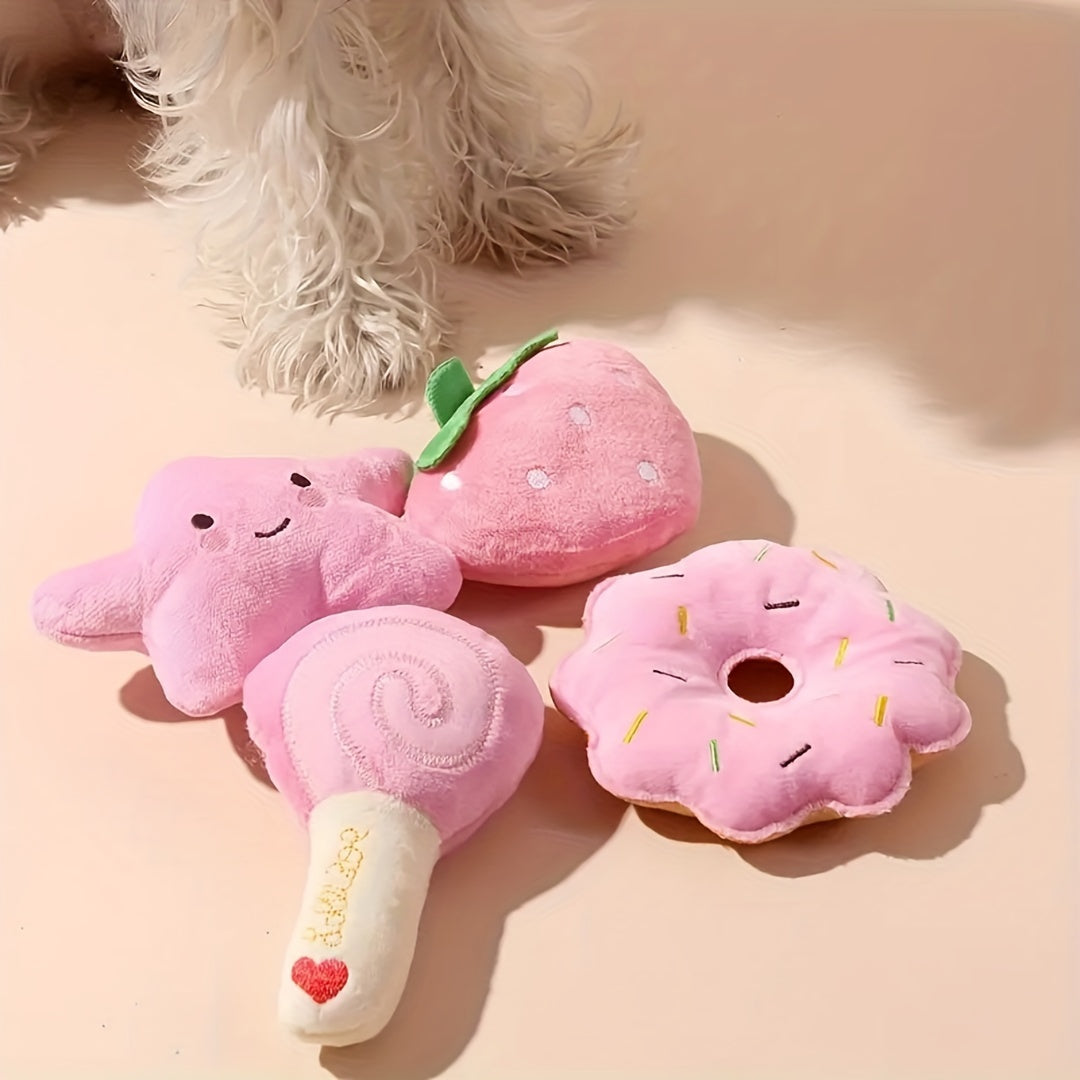 4-Pack Plush Squeaky Pet Toy Set for Small Dogs and Cats - Fruit, Vegetable, Candy, Star, Donut, Strawberry Designs - Interactive Play & Sleep Companion Dog Toy, Soft Plush Material