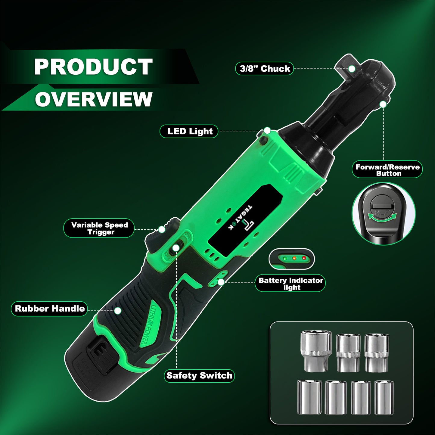 Tegatok 2/ 4pcs 12V Industrial Cordless Electric Wrench Set - 45NM 3/ 8" Ratchet Wrench, 45 Ft-lbs 400 RPM High-Torque Power Tool with 7 Sockets, Ideal for Car Repair, Nut Removal, and Heavy-Duty Applications