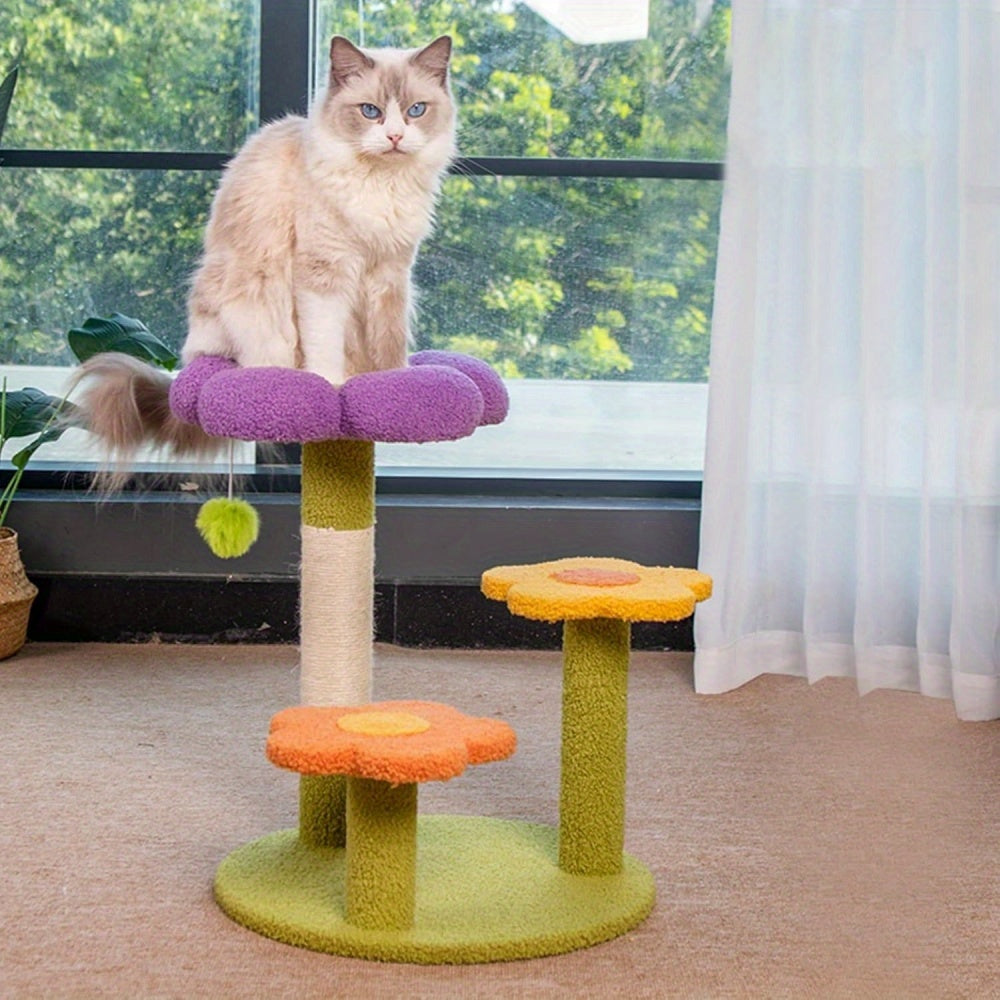 Compact Flower Cat Tree with Sisal Scratching Post, Removable Flower Bed, and Spring Ball - 48.26cm Tall, Multi-Functional Indoor Cat Scratcher for Kittens - Ideal Gift for Cat Lovers, Indoor Cat Playground | Decorative Cat Tree | Sturdy Wood Base, Small