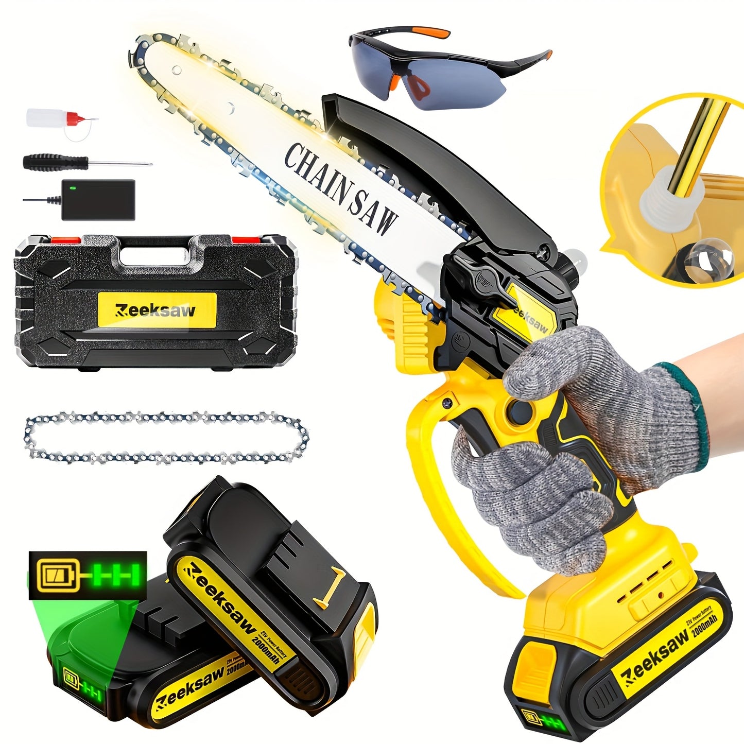 Zeeksaw 6-Inch Cordless Mini Chainsaw Kit with 2 Large Capacity Batteries, Pruning Saw, Security Lock, and Accessories - Ideal for Wood Cutting, Trimming & Woodworking, Includes Protective Gear, Valentine's Day Gift