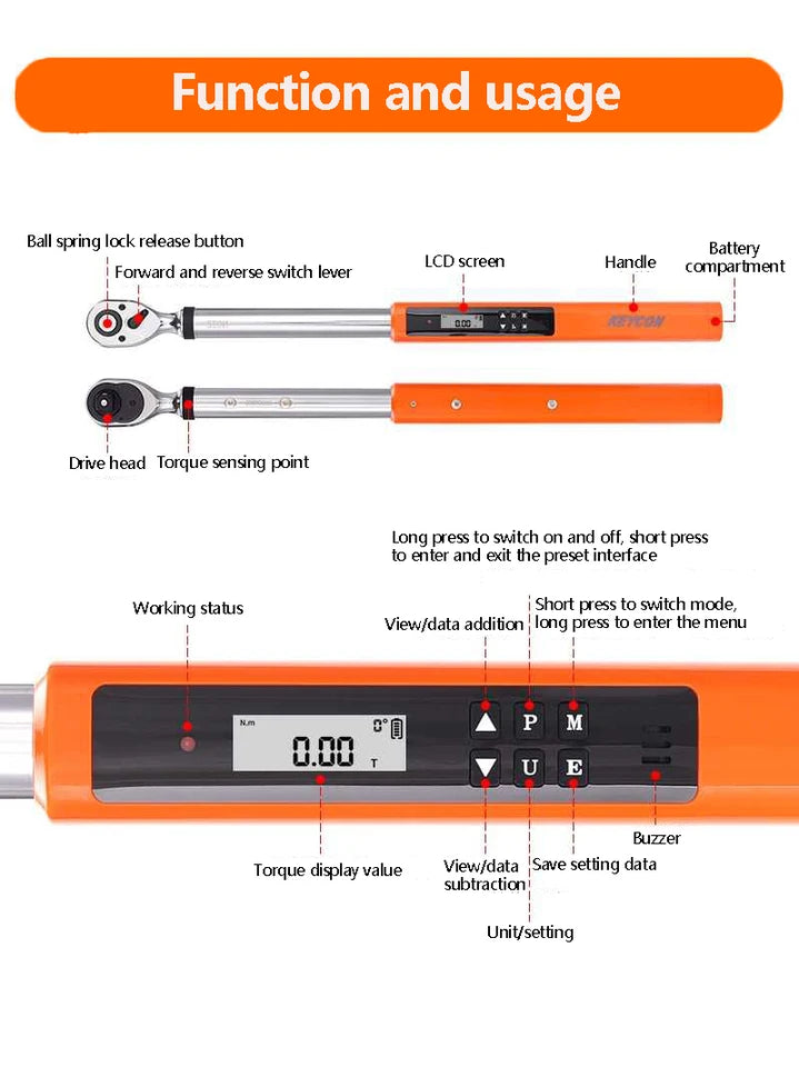 1/2" 1/4" Digital Torque Wrench Drive Electronic Torque Wrench Torque Wrench Kit 3-30N.m 34-340N.m Torque Accurate Range