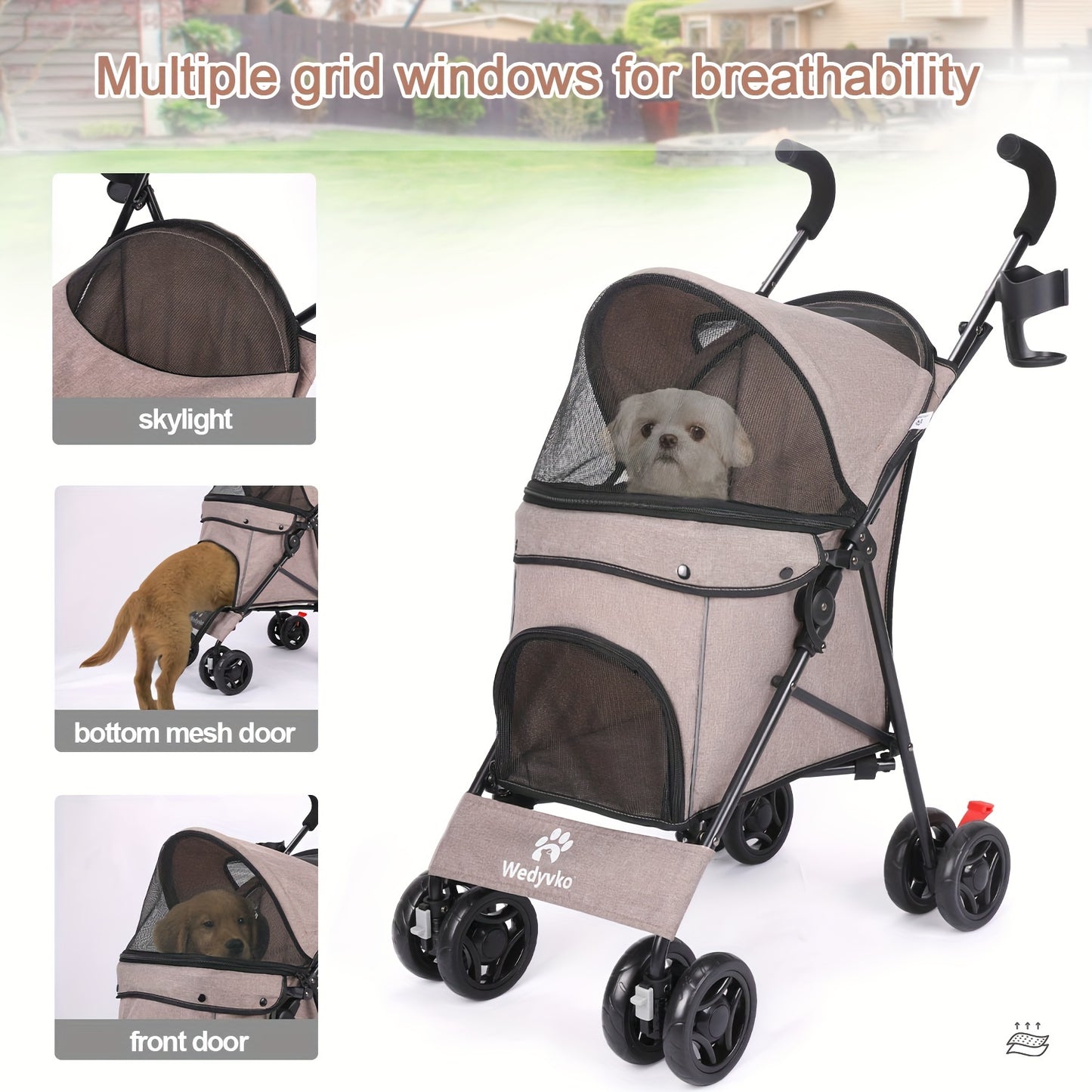 Collapsible Dog Stroller, Pet Stroller for Small and Medium Dogs and Cats, 4 Lockable Wheels, Detachable Cushion and Storage Basket, Cat Stroller Travel Carrier Stroller