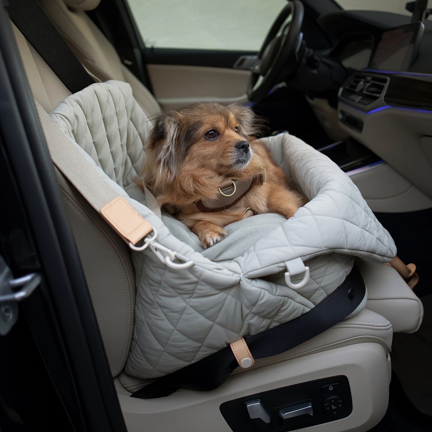 [Durable Polyester] Light Gray Quilted Pet Car Seat with Leash | Durable Polyester | Secure Straps & Adjustable Headrest Pillow | Pet Travel | Outdoor Adventures | Secure Pet Carrier