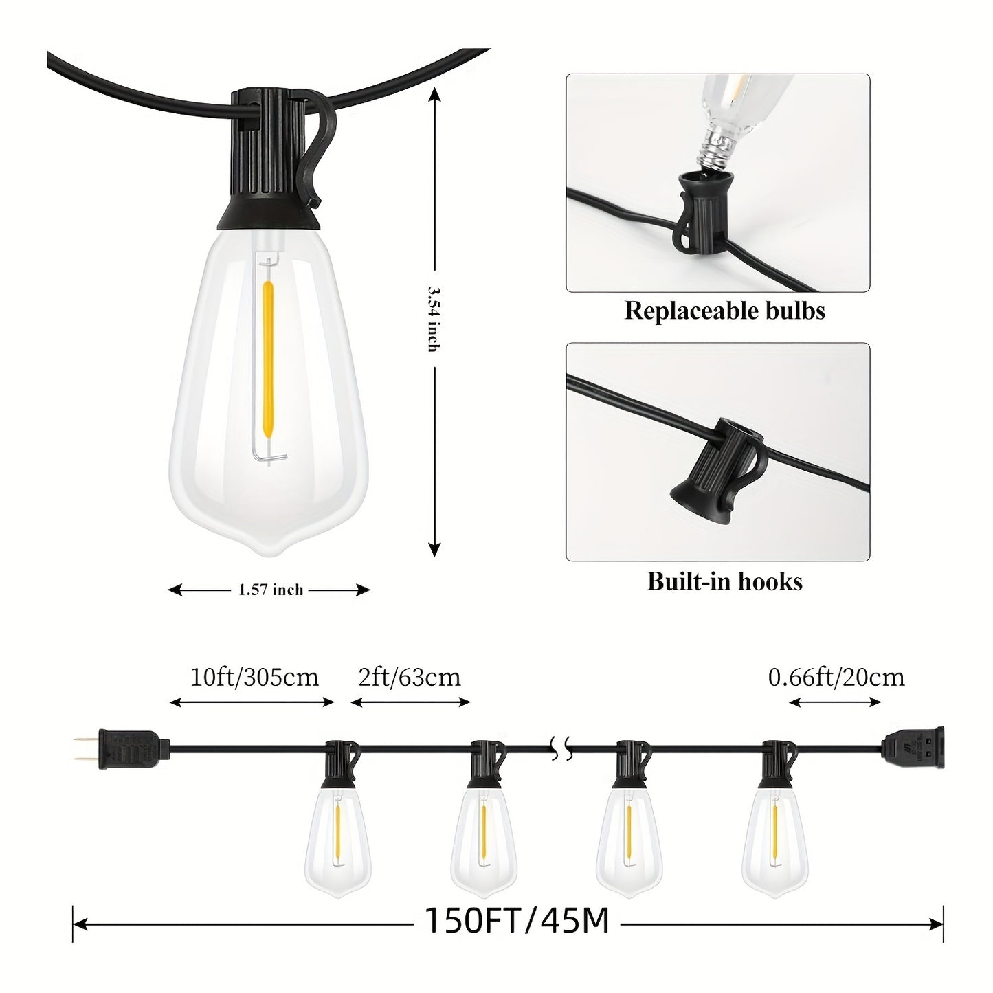 150FT LED Outdoor String Lights, Patio Deck Lights With 60+2 Shatterproof ST38 Edison Bulbs, Dimmable Warm White Outside Hanging Lights Connectable For Yard Backyard Porch Garden (Optional 50FT)