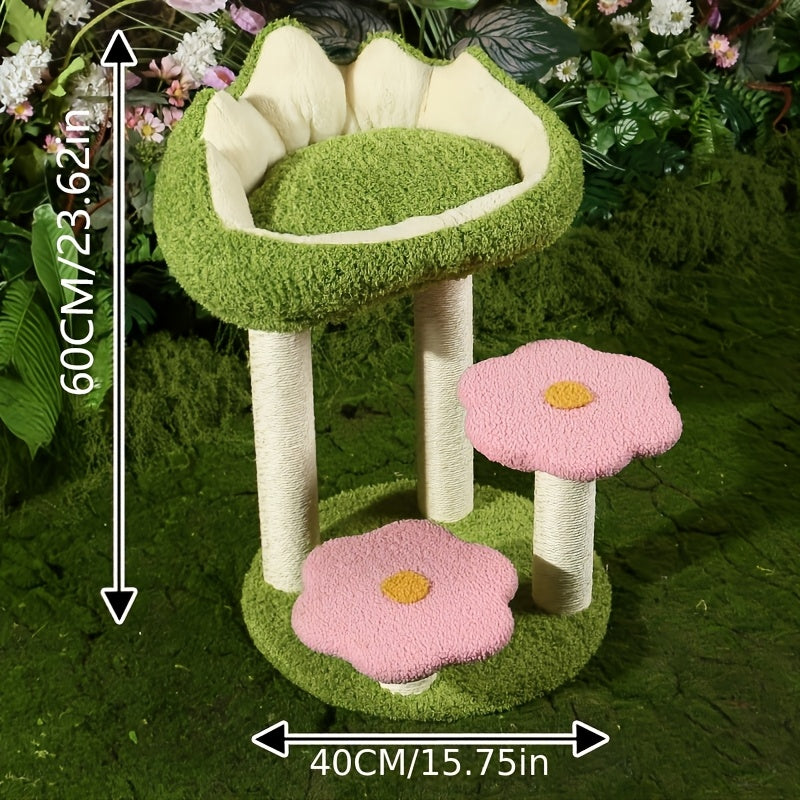 Charming Wooden Cat Tree Tower with Scratching Posts, Cozy Condo & Plush Mushroom Seat - Multi-Level Activity Center for Small to Medium Cats, Reinforced Wood Construction, Green Leaf & Flower Design