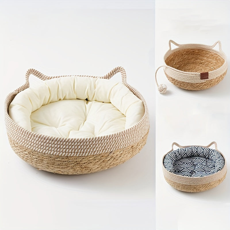 Vintage-Style Woven Cat Bed with Playful Ball - Durable, All-Season Pet Nest for Cats and Small Dogs