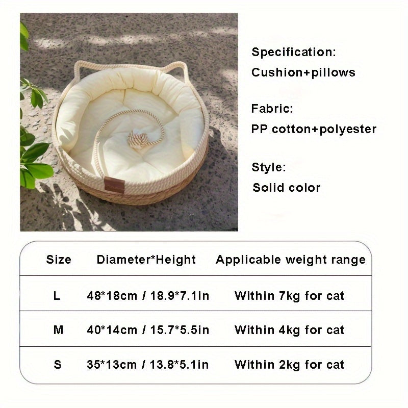 Vintage-Style Woven Cat Bed with Playful Ball - Durable, All-Season Pet Nest for Cats and Small Dogs