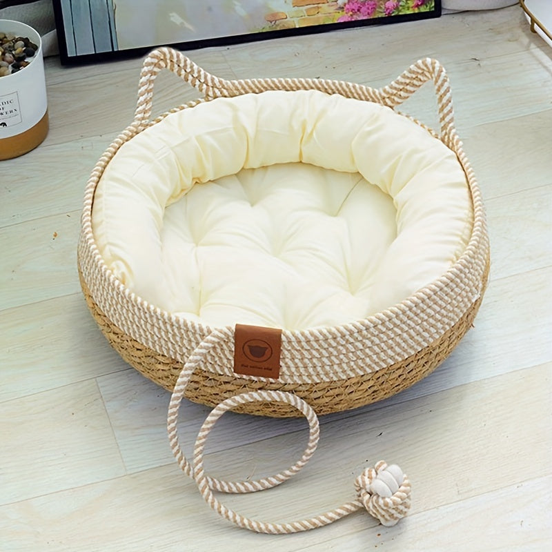 Vintage-Style Woven Cat Bed with Playful Ball - Durable, All-Season Pet Nest for Cats and Small Dogs