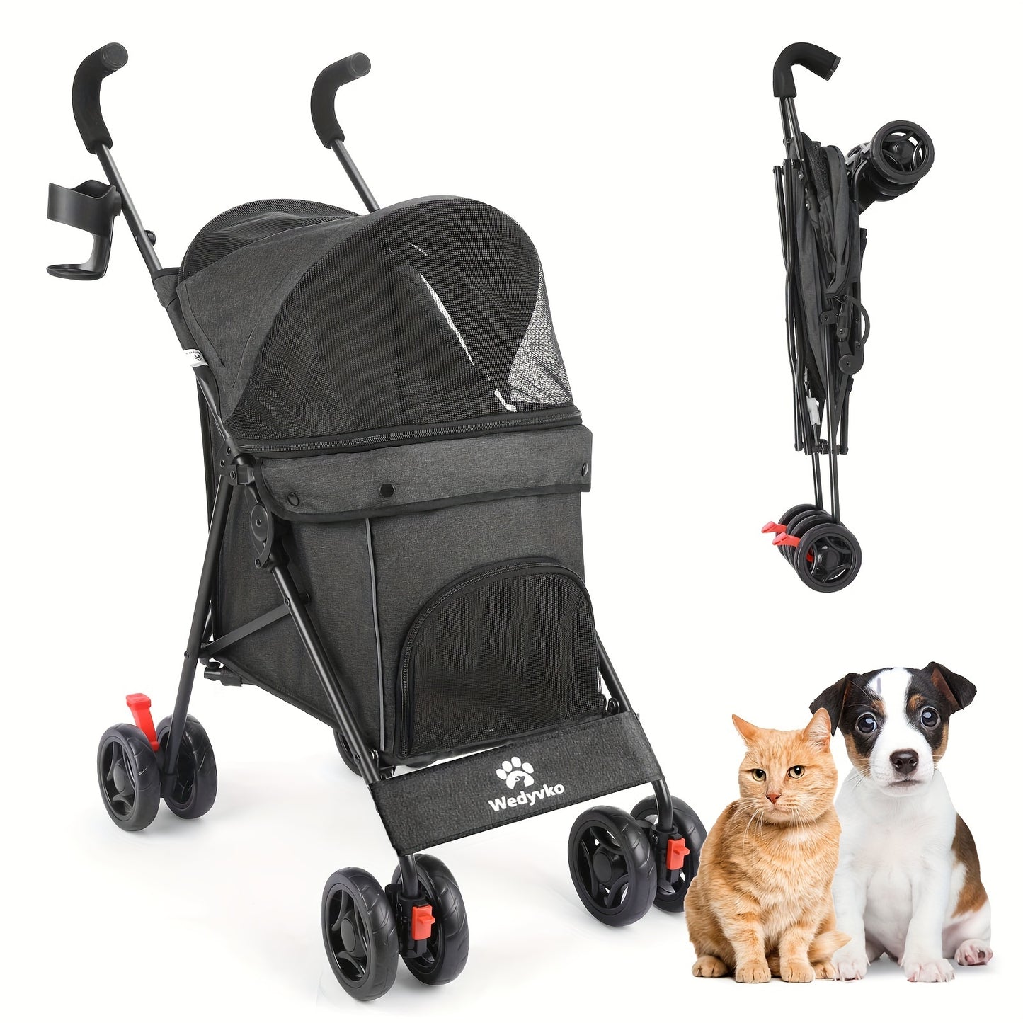 Collapsible Dog Stroller, Pet Stroller for Small and Medium Dogs and Cats, 4 Lockable Wheels, Detachable Cushion and Storage Basket, Cat Stroller Travel Carrier Stroller