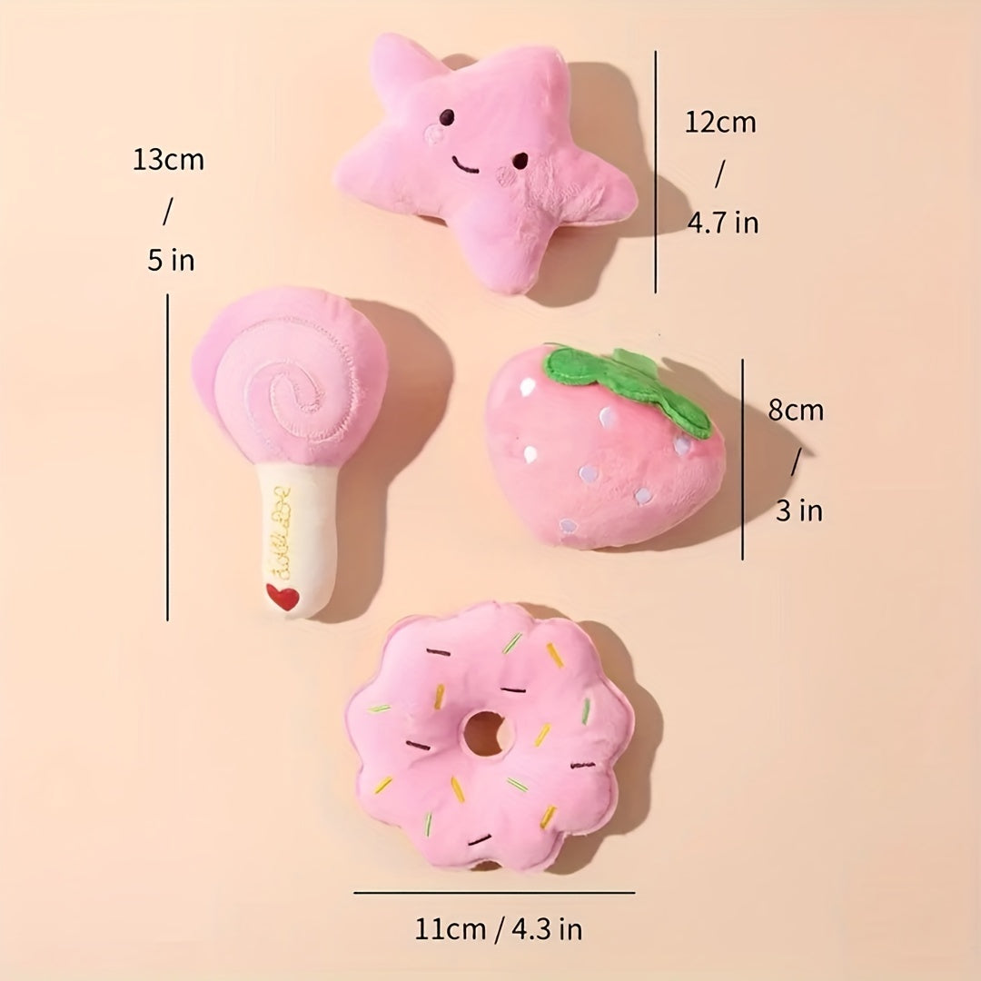 4-Pack Plush Squeaky Pet Toy Set for Small Dogs and Cats - Fruit, Vegetable, Candy, Star, Donut, Strawberry Designs - Interactive Play & Sleep Companion Dog Toy, Soft Plush Material