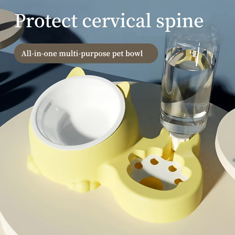 Cat Food Bowl, Elevated Cat Bowl, Automatic Water Dispenser, Anti-Overturn, Non-Slip, Round, Plastic Material, with Feeding and Watering Functionality, for Cat