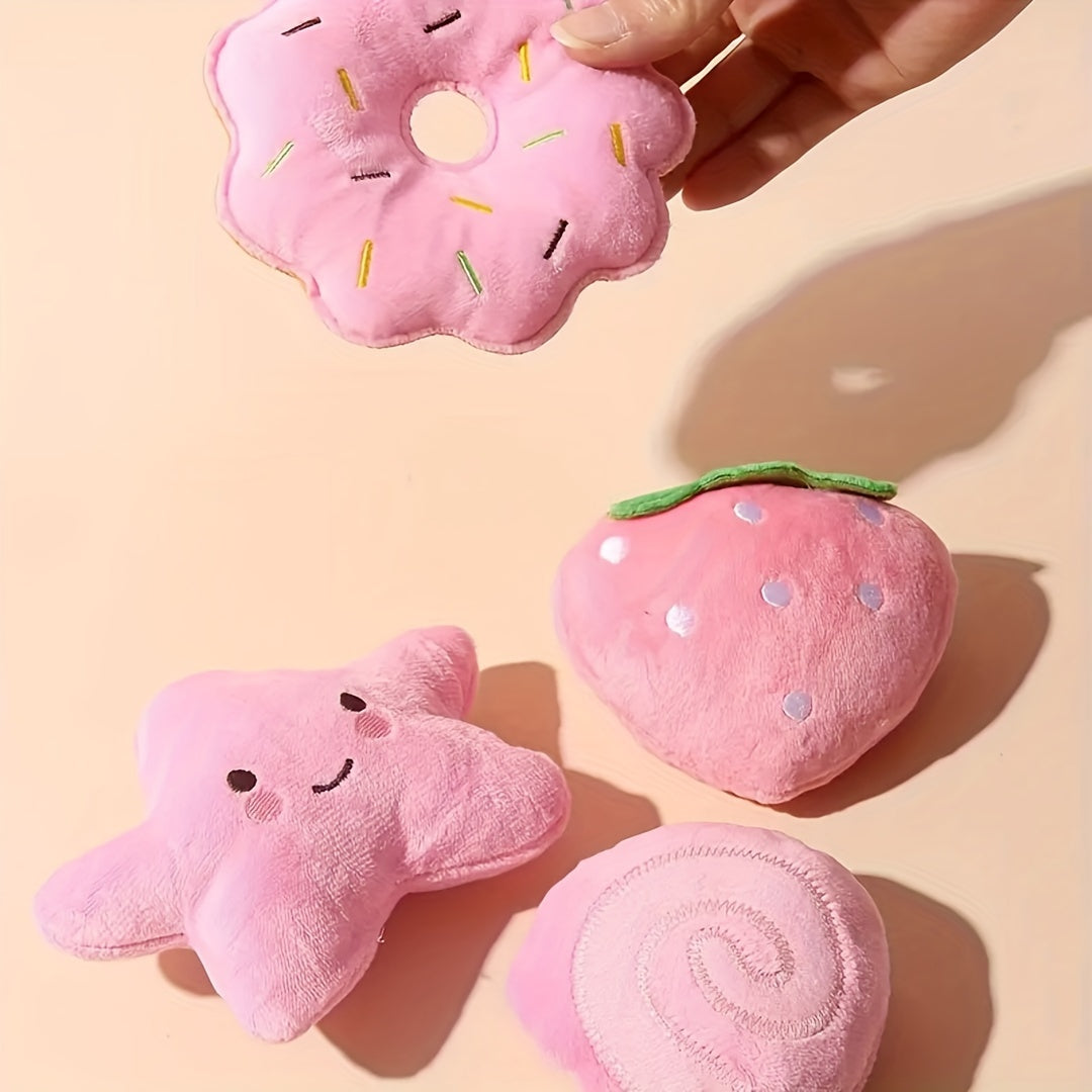 4-Pack Plush Squeaky Pet Toy Set for Small Dogs and Cats - Fruit, Vegetable, Candy, Star, Donut, Strawberry Designs - Interactive Play & Sleep Companion Dog Toy, Soft Plush Material