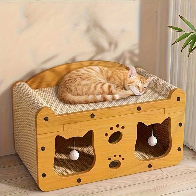 1Set 2-in-1 Cat Scratching Board & Lounge Bed - Durable Cat scratching Cardboard with Hanging Toys, Interactive Playhouse for Kittens/Adult Cats, Space-Saving All-Season Comfort, cat scratching post (Prime Day Pet Gift Idea)