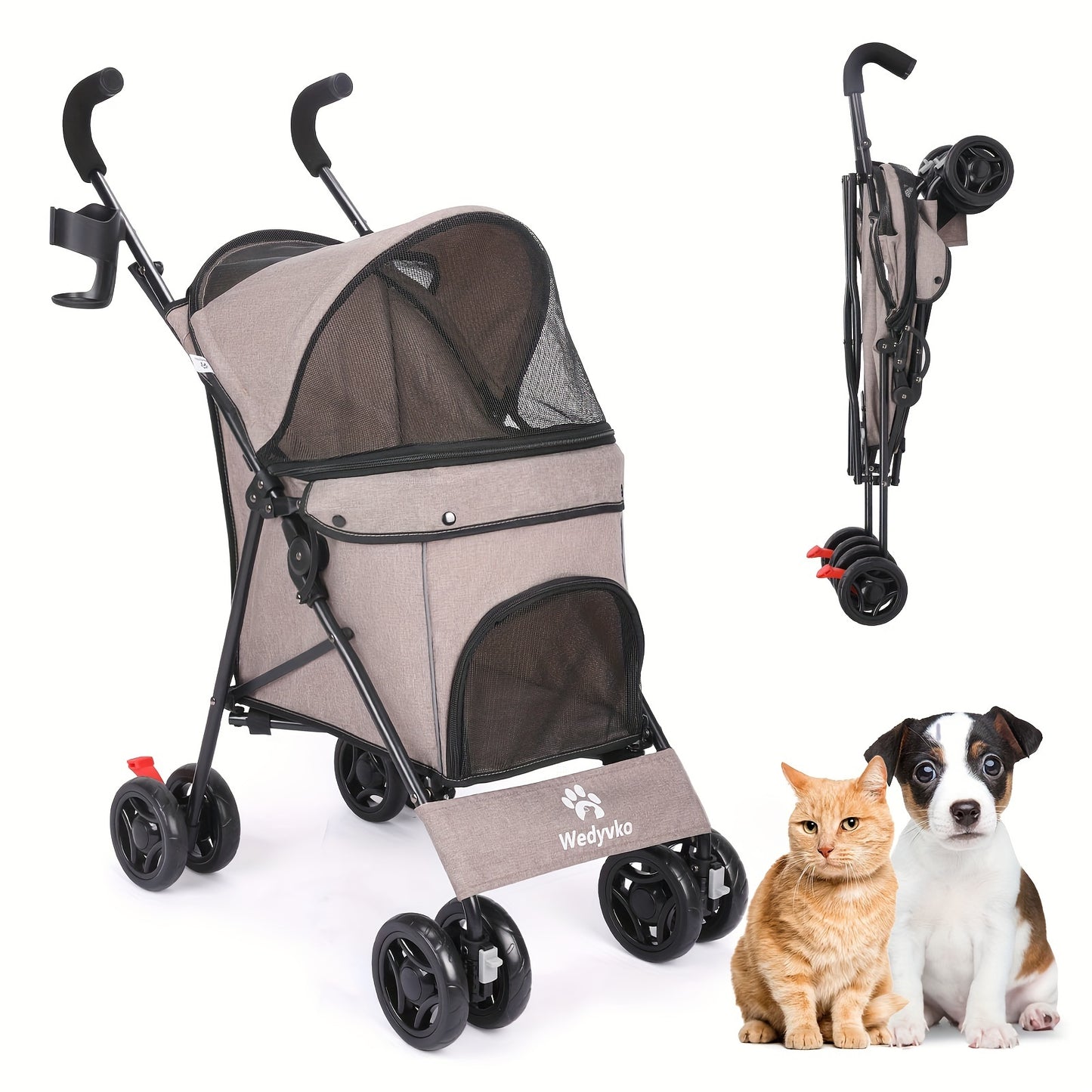 Collapsible Dog Stroller, Pet Stroller for Small and Medium Dogs and Cats, 4 Lockable Wheels, Detachable Cushion and Storage Basket, Cat Stroller Travel Carrier Stroller