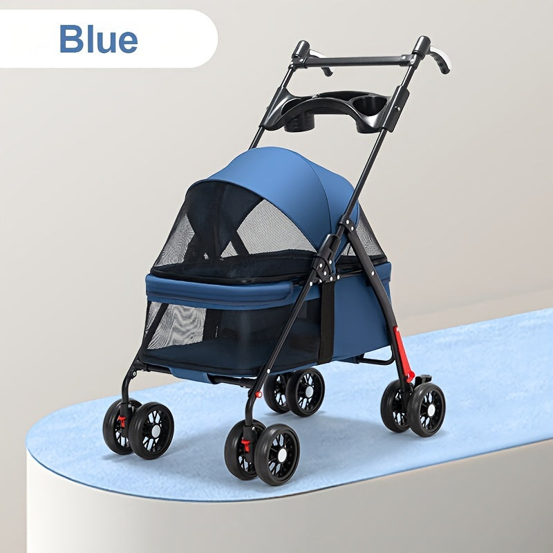 Foldable 4-Wheel Pet Stroller for Small to Medium Dogs (Up to 17KG/38LBS), Portable Dog Travel Carriage with Breathable Mesh Windows, Metal Frame And Durable Oxford Fabric, Pocket Design/Cup Holder- Ideal for Outdoor Adventures, Shopping, Walking