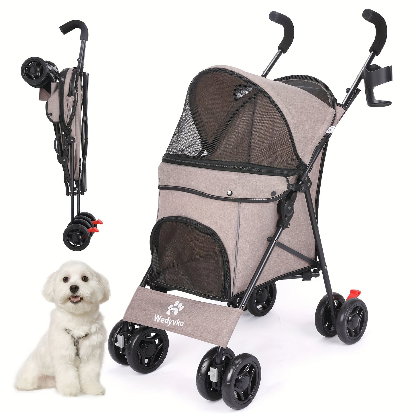 Collapsible Dog Stroller, Pet Stroller for Small and Medium Dogs and Cats, 4 Lockable Wheels, Detachable Cushion and Storage Basket, Cat Stroller Travel Carrier Stroller